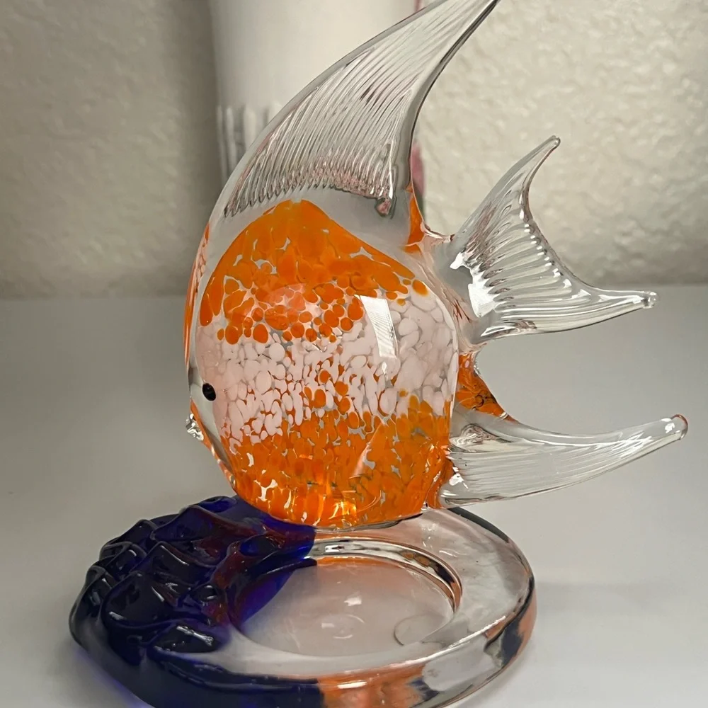 Handcrafted Glass Fish Tealight Candle Figurine - Orange and Blue